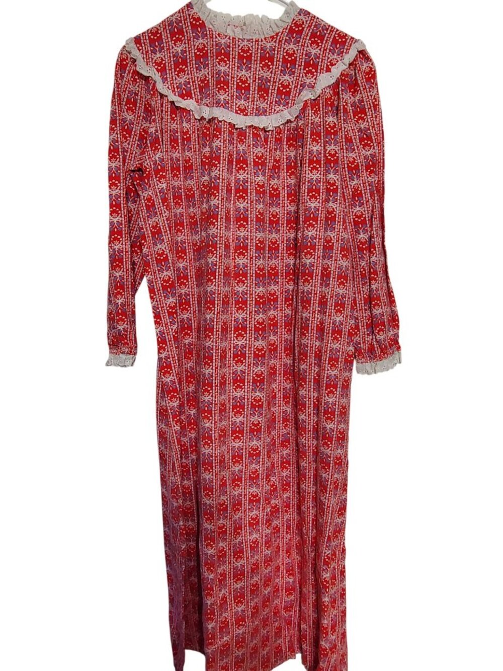 Lanz of Salzburg Large Nightgown, Red Blue Floral, Eyelet Trim Grannycore Cotton